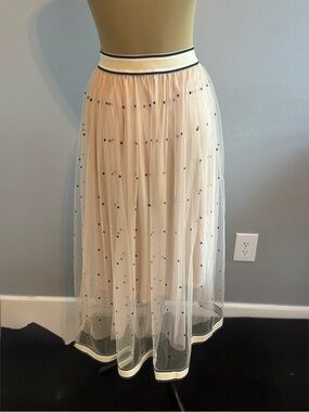 Main Strip Ivory Tulle Maxi Skirt with Black Dot Accents and Striped Waistband
